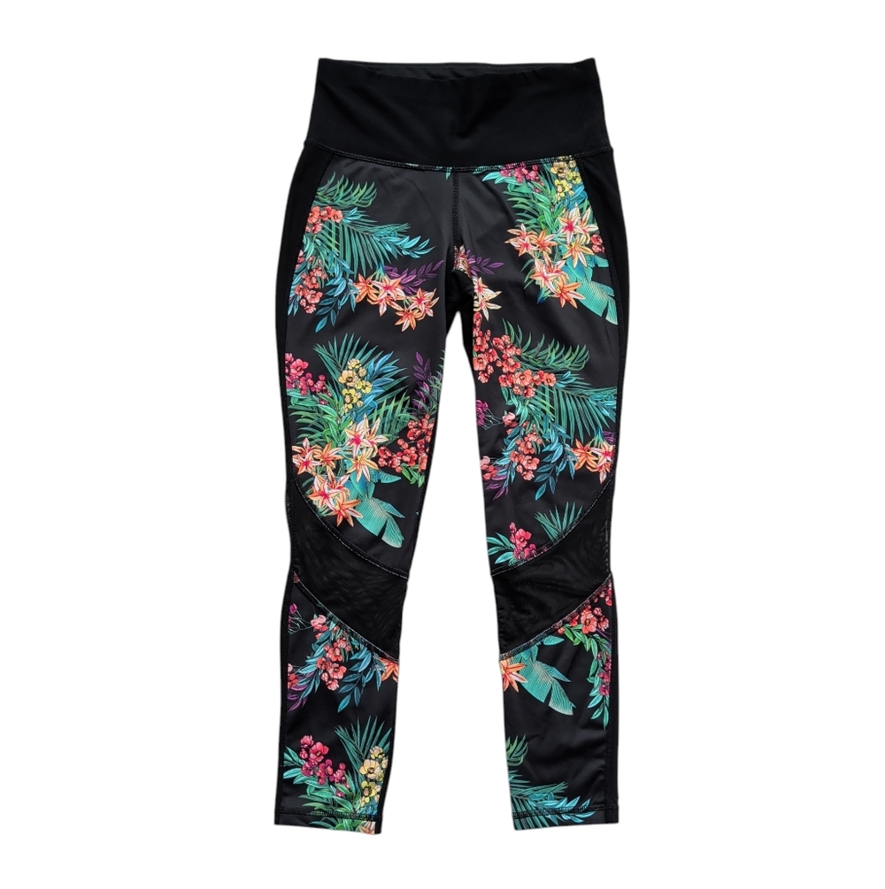 Xersion Fitted Tropical Mesh Panel Leggings Pants SMALL Black Green Pink